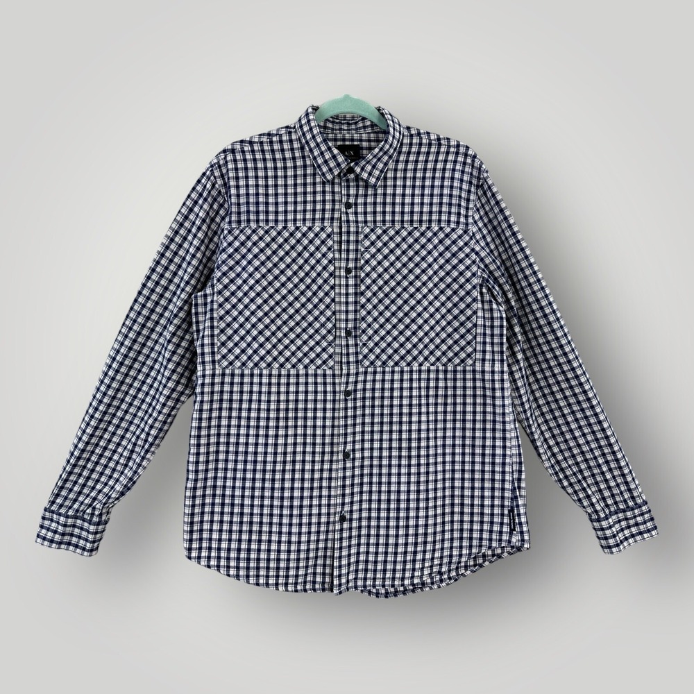 Armani Exchange Plaid Flannel Button Shirt‎ Mens Large Blue White Chest Pockets